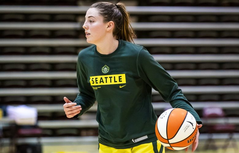 Forward Katie Lou Samuelson works out as the Seattle Storm practice at Seattle Pacific University Friday September 24, 2021, ahead of their single-elimination playoff game against the Phoenix Mercury on Sunday.