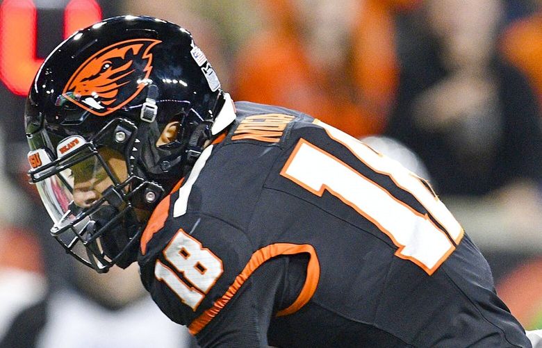 Washington State defensive back Kapena Gushiken tackles Oregon State wide receiver Jeremiah Noga after a reception during an NCAA college football game, Nov. 23, 2024, in Corvallis, Ore.