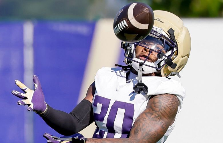 Cornerback Rahshawn Clark catches a pass downfield during practice Tuesday, April 22, 2025 in Seattle. 229832