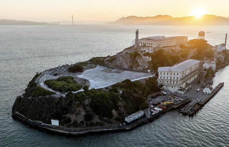 Alcatraz Island is pictured on Sunday, May 4, 2025, in the San Francisco Bay, Calif. (AP Photo/Noah Berger) CANB108 CANB108