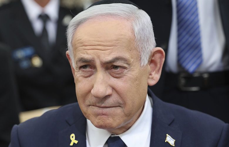 Israeli Prime Minister Benjamin Netanyahu attends the annual ceremony at the eve of Israel’s Remembrance Day for fallen soldiers (Yom HaZikaron) at the Yad LaBanim Memorial in Jerusalem, on Tuesday, April 29, 2025. (Abir Sultan/Pool Photo via AP) CAIPO202 CAIPO202