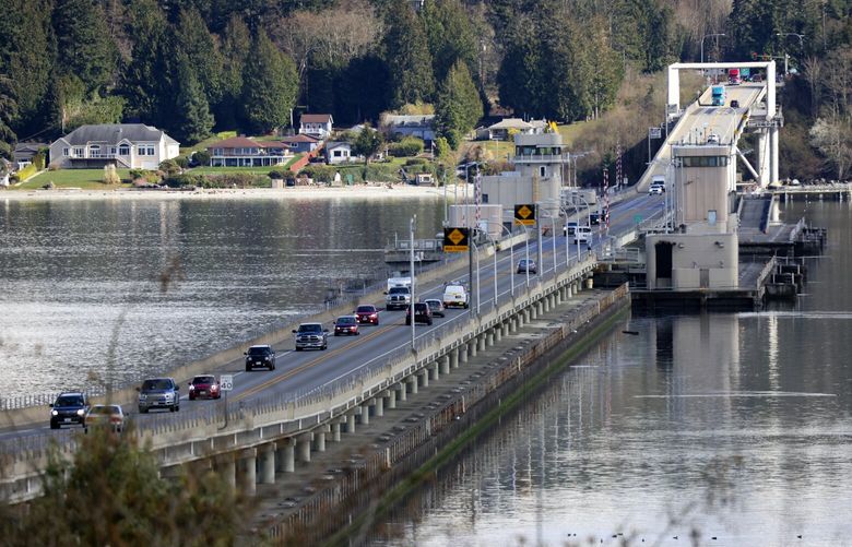 The Hood Canal Bridge looking east from the Olympic Peninsula towards Port Gamble on Monday, March 3, 2023.