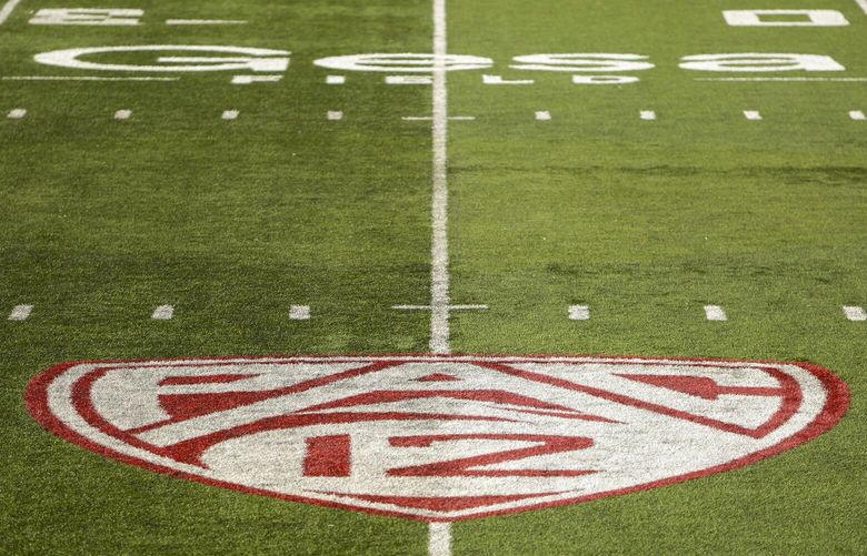 The Pac-12 Conference logo at Martin Stadium during an NCAA college football game between Washington State and Northern Colorado, Sept. 16, 2023, in Pullman, Wash.