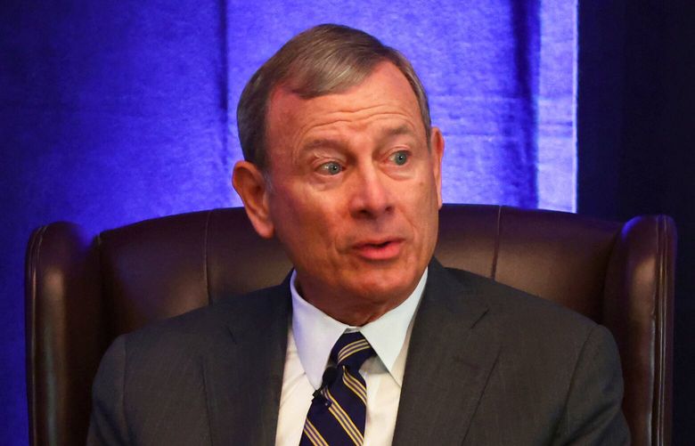 Chief Justice John Roberts speaks during a fireside chat at the 125th anniversary celebration of the United States District court for the Western District of New York, Wednesday, May 7, 2025, in Buffalo, N.Y. (AP Photo/Jeffrey T. Barnes) NYJB112 NYJB112