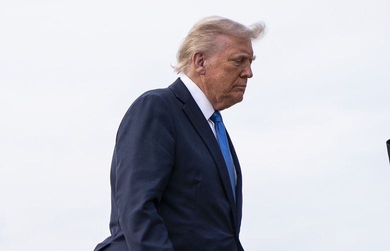 President Donald Trump walks to board Air Force One at Joint Base Andrews in Maryland, on Thursday, May 1, 2025. Trump on Friday unveiled his proposed budget for the 2026 fiscal year, asking Congress for about $163 billion in cuts to key federal education, health, housing and labor programs while still seeking to boost spending on defense. (Haiyun Jiang/The New York Times) XNYT0014 XNYT0014