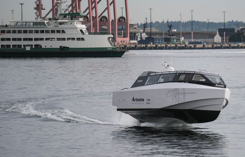 Artemis Technologies demonstrated its electric EF-12 Escape hydrofoil on Elliott Bay Tuesday.  The company plans to manufacture the boats here, and is partnering with local agencies for use of its passenger-only boats. 229940