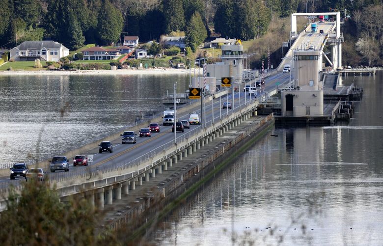 The Hood Canal Bridge looking east from the Olympic Peninsula towards Port Gamble on Monday, March 3, 2023.