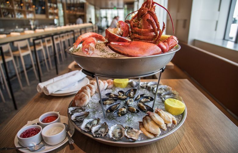 Thursday, July 5, 2018.  The Shellfish Tower at Cortinaâ€”with King Crab, Dungeness Crab, Lobster, Shigoku Oysters, Kumamoto Oysters, Red Argentine Prawns, Mediterranean Mussels with Red Wine Mignonette, Cocktail Sauce, Mustard Sauce 206889