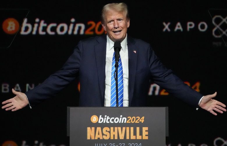FILE – Then Former President Donald Trump speaks at the Bitcoin 2024 Conference, July 27, 2024, in Nashville, Tenn. (AP Photo/Mark Humphrey, File) NYPS239 NYPS239