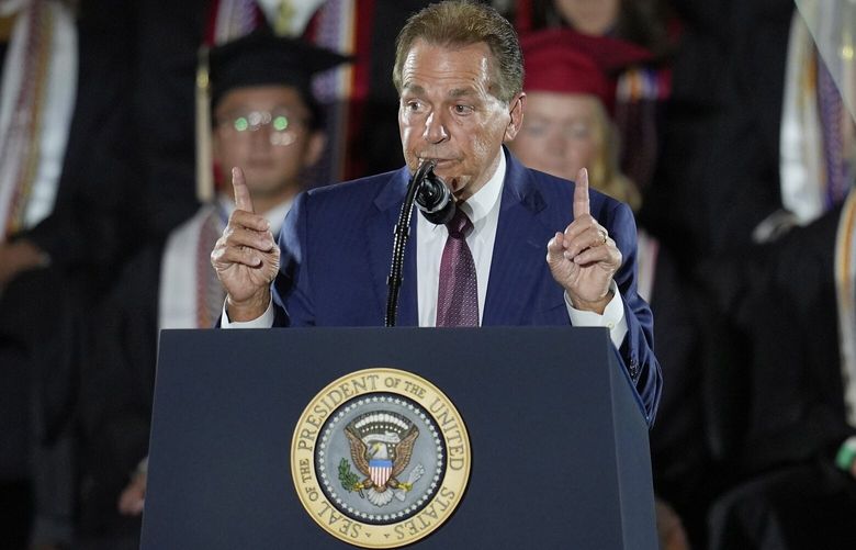 Nick Saban speaks before President Donald Trump arrives to give a commencement address at the University of Alabama, Thursday, May 1, 2025, in Tuscaloosa, Ala. (AP Photo/Mike Stewart) ALJE326 ALJE326