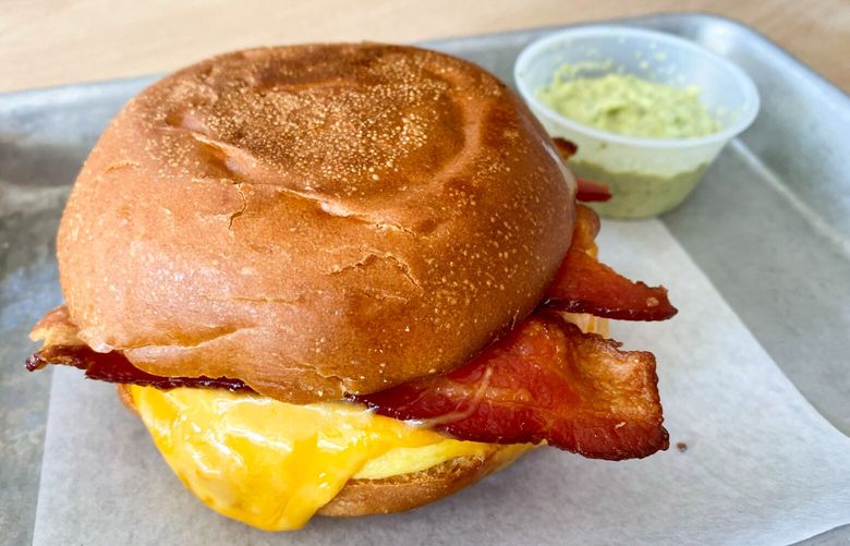 At Makeworth Coffee Roasters, the breakfast sandwich is all about the housemade aioli (cilantro haters, move along) in Bellingham on May 2, 2025. (Bethany Jean Clement/The Seattle Times)