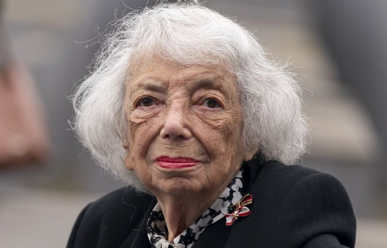 Holocaust Survivor Margot Friedlander appears for an event with U.S. Secretary of State Antony Blinken at the Memorial to the Murdered Jews of Europe in Berlin, Thursday, June 24, 2021. (AP Photo/Andrew Harnik, Pool) NY314 NY314