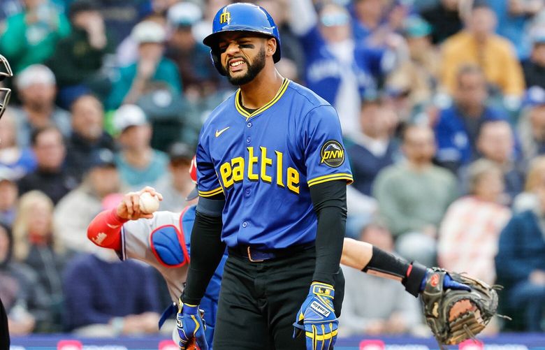 Leody Taveras grimmaces after being called out on the 3-2 pitch in the fourth inning.  The Toronto Blue Jays played the Seattle Mariners in Major League Baseball Friday, May 9, 2025 at T-Mobile Park, in Seattle, WA. 230025