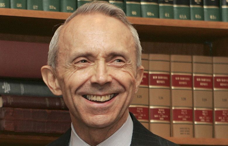 FILE – In this July 9, 2008 file photo, Supreme Court Justice David Souter, reacts after speaking at a dedication ceremony at the State Supreme Courthouse in Concord, N.H.  (AP Photo/Jim Cole, File) NY110 NY110