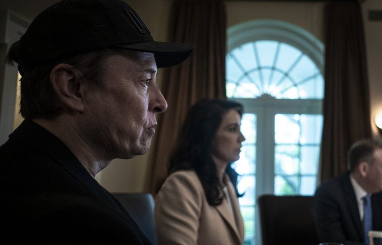 FILE — Elon Musk listens as President Donald Trump meets with his cabinet at the White House in Washington, on April 30, 2025. The Times found that federal agencies have revived dozens of contracts that Musk’s group still publicly listed as canceled, inflating what it has saved. (Pete Marovich/The New York Times)