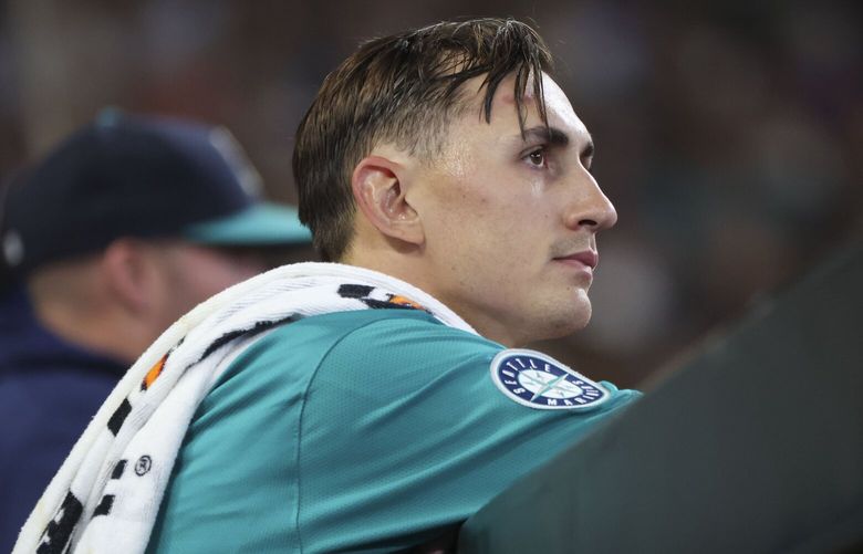 Seattle Mariners starting pitcher George Kirby (68) looks on from the dugout after giving up a leading run in the fifth inning against the San Francisco Giants at T-Mobile Park in Seattle on Saturday, August 24, 2024.

 227786