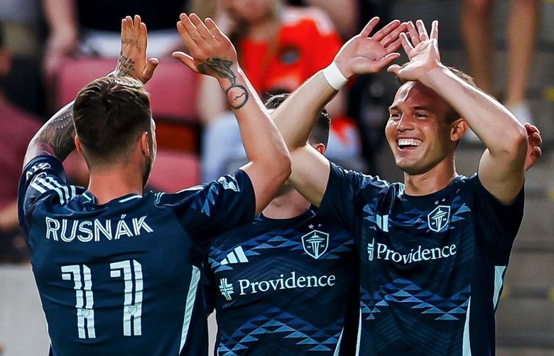Seattle Sounders midfielder Albert Rusnák, left, scored two and Danny Musovski, right, scored once against the Houston Dynamo for a 3-1 win at Shell Energy Stadium in Houston, Texas Saturday May 10, 2025.