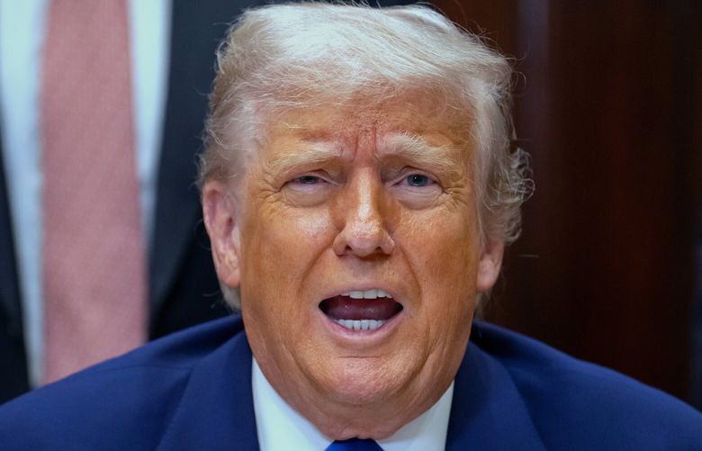 President Donald Trump answers a reporter’s question during an event in the Roosevelt Room at the White House, Monday, May 12, 2025, in Washington. (AP Photo/Mark Schiefelbein) DCMS166 DCMS166