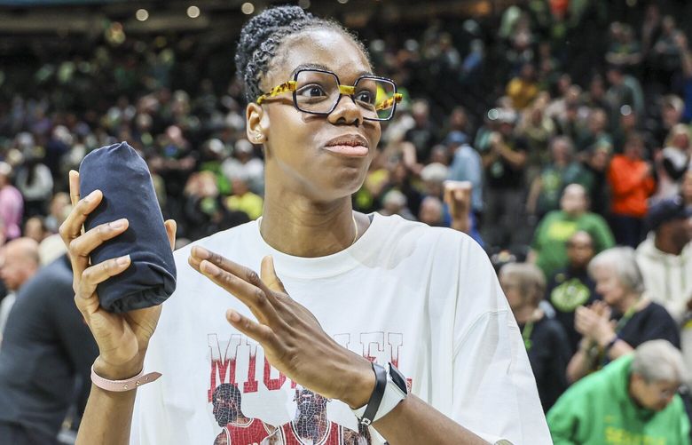 Seattle Storm Dominique Malonga throws t-shirts after the game Sunday afternoon at Climate Pledge Arena in Seattle, Washington, on May 4, 2025. The Storm lead 45-32 at the half. 229943