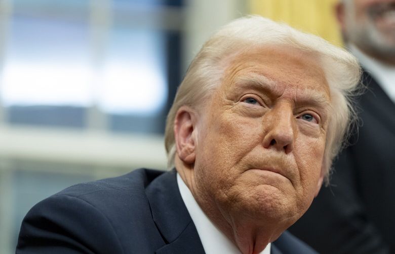 FILE – President Donald Trump speaks with reporters as he signs executive orders in the Oval Office at the White House, Feb. 10, 2025, in Washington. (AP Photo/Alex Brandon, file) NYPS403 NYPS403