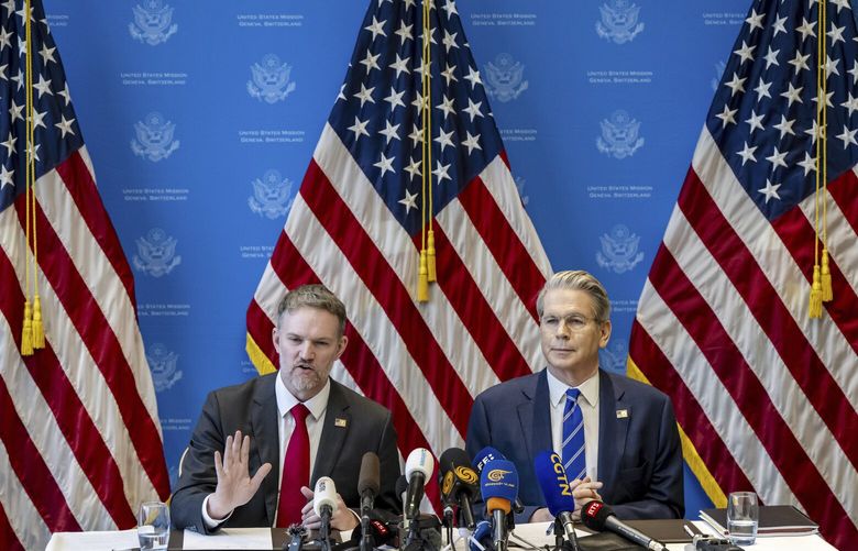US Trade Representative Jamieson Greer, left, and US Secretary of the Treasury Scott Bessent take part in a press conference after two days of closed-door discussions on trade between the United States and China, in Geneva, Switzerland, Monday, May 12, 2025. (Jean-Christophe Bott/Keystone via AP) 