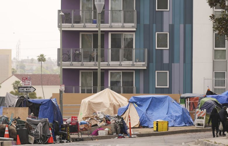 Tents are set up along a freeway in a homeless encampment Monday, May 12, 2025, in Los Angeles. (AP Photo/Damian Dovarganes) LA205 LA205
