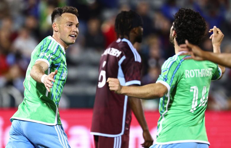 Sounders forward Danny Musovski celebrates a goal in the 45th minute against the Colorado Rapids, April 26, 2025, in Commerce City, Colorado. (Tyler Schank / Seattle Sounders)
