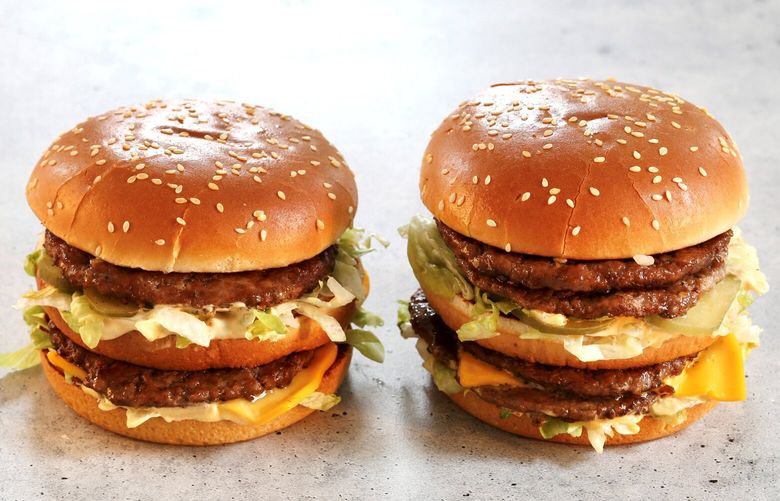 A McDonald’s Double Big Mac and a regular Big Mac. The average price of a regular Big Mac rose 21 percent from 2019 to 2024. MUST CREDIT: Photo and food styling by Lisa Cherkasky/For The Washington Post