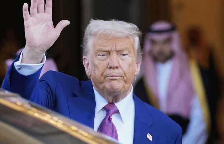 President Donald Trump waves as he leaves the Royal Palace after a signing ceremony with Saudi Crown Prince Mohammed bin Salman in Riyadh, Saudi Arabia, Tuesday, May 13, 2025. (AP Photo/Alex Brandon) HAS220 HAS220