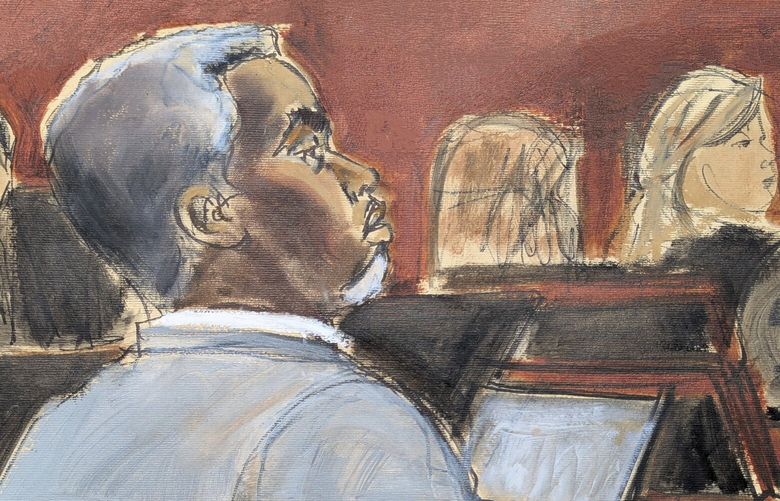 Sean Diddy Combs listens during opening statements on the first day of trial in Manhattan federal court, Monday, May 12, 2025, in New York. (Elizabeth Williams via AP) NYJJ105 NYJJ105