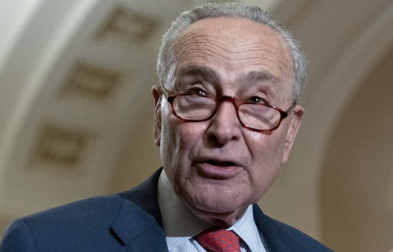 Senate Minority Leader Chuck Schumer D-N.Y., speaks to reporters following weekly policy luncheons on Capitol Hill in Washington, Tuesday, May 13, 2025. (AP Photo/Jose Luis Magana) DCJL104 DCJL104