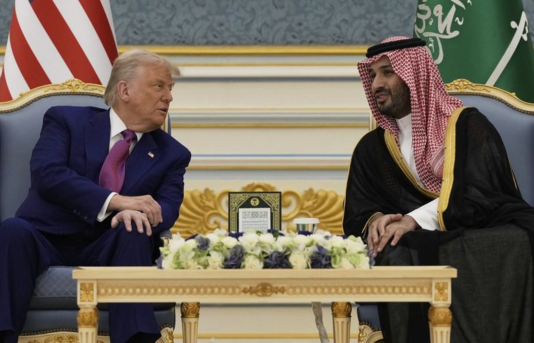 President Donald Trump and Saudi Crown Prince Mohammed bin Salman speak during a meeting at the Royal Palace in Riyadh, Saudi Arabia, Tuesday, May 13, 2025. (AP Photo/Alex Brandon) HAS143 HAS143