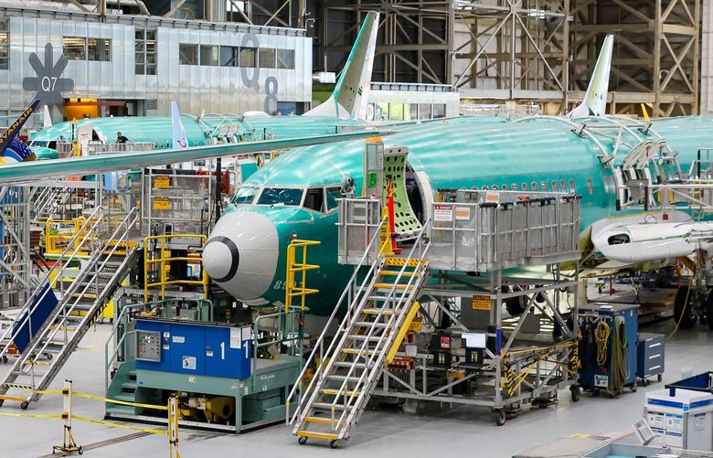 **image is embargoed until 2 a.m. PT/ 5 a.m. ET, Thursday, June 27**
737 MAX aircraft are seen in various states of assembly at the Boeing 737 factory Tuesday, June 25, 2024 in Renton, WA. 227340