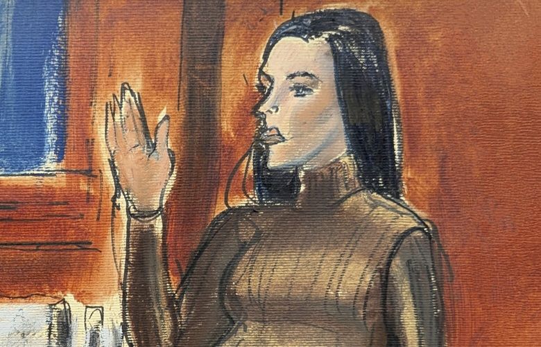 Cassie Ventura takes an oath before testifying in Manhattan federal court, Tuesday, May 13, 2025, in New York. (Elizabeth Williams via AP) NYJJ207 NYJJ207
