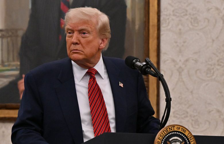 President Donald Trump takes questions from reporters after the swearing-in ceremony for David Perdue as U.S. ambassador to China on May 7. MUST CREDIT: Ricky Carioti/The Washington Post