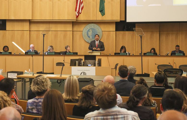 Seattle Mayor Bruce Harrell speaks while announcing his 2025 budget plan in the City Council chambers at Seattle  City Hall downtown on Tuesday, September 24, 2024.
