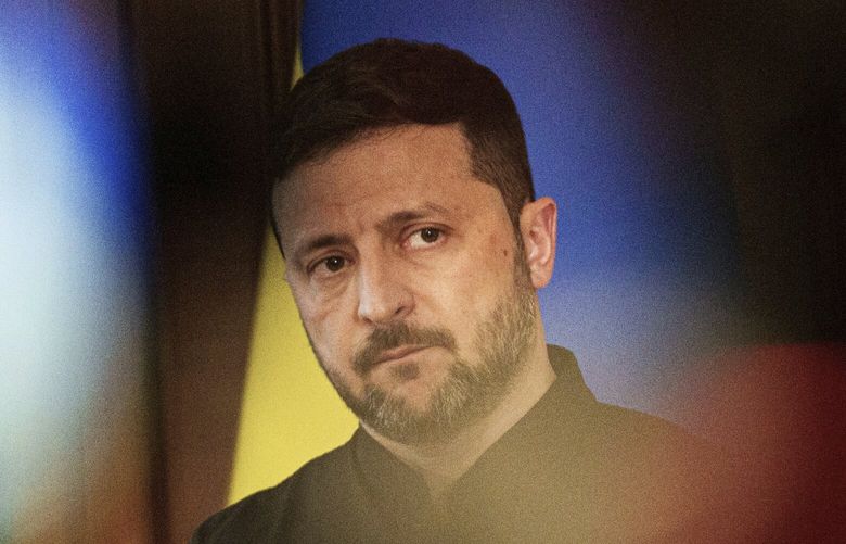 Ukrainian President Volodymyr Zelenskyy speaks to journalists during a news conference in Kyiv, Ukraine, Tuesday, May 13, 2025. (AP Photo/Evgeniy Maloletka) NYRL205 NYRL205