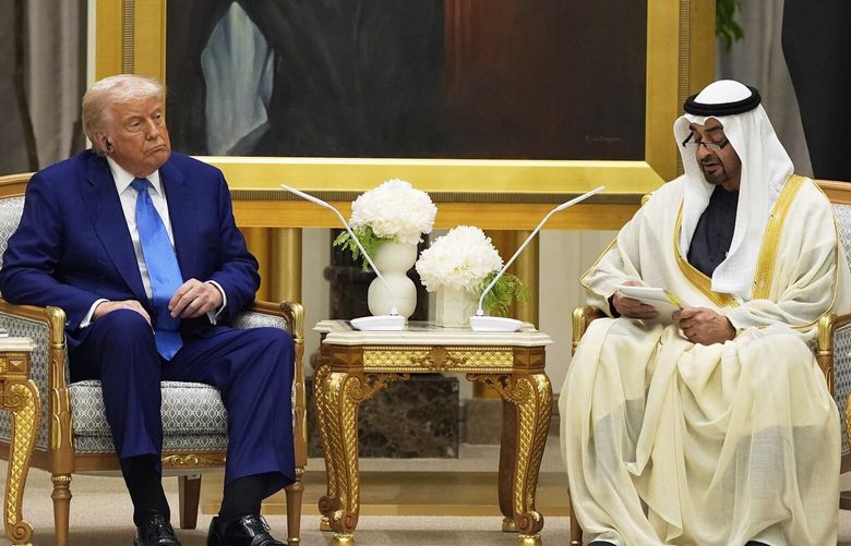 President Donald Trump and UAE President Mohammed bin Zayed Al Nahyan talk at Qasr Al Watan, Thursday, May 15, 2025, in Abu Dhabi, United Arab Emirates. (AP Photo/Alex Brandon) UAEB314 UAEB314