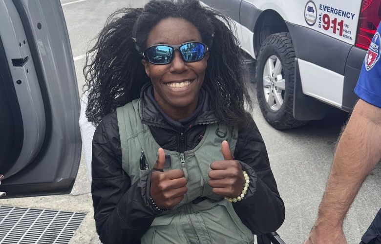 This image provide by the Fresno County Sheriff’s Office, shows Tiffany Slaton, of Jeffersonville, Ga., when she was rescued in Fresno County, Calif. on Wednesday, May 14, 2025 after being reported missing in the High Sierra for three weeks. (Fresno County Sheriff’s Office via AP) LA400 LA400