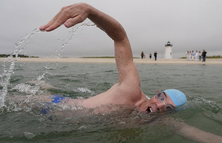 Endurance swimmer Louis Pugh swims near the Edgartown Harbor Light, Thursday, May 15, 2025, in Edgartown, Mass. (AP Photo/Robert F. Bukaty) MARB101 MARB101