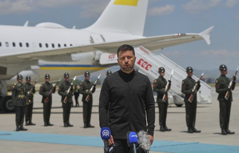 Ukrainian President Volodymyr Zelenskyy talks to journalists as he arrives at Esenboga airport in Ankara, Turkey, Thursday, May 15, 2025. (AP Photo/Evgeniy Maloletka) FS133 FS133