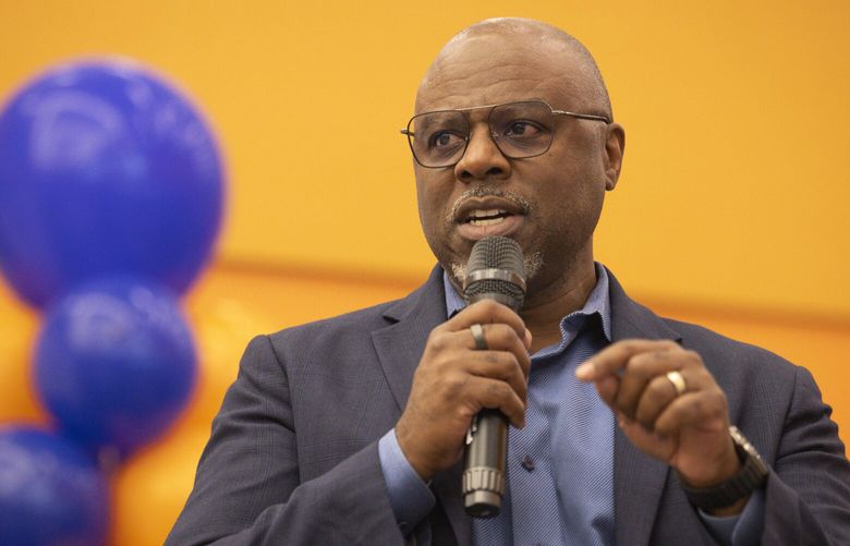 Seattle Public Schools Superintendent Dr. Brent Jones speaks during a dedication ceremony for the Betty Patu Library, Michael S. Bethea Athletics Complex, and the Jamal Crawford Basketball Court inside the new Rainier Beach High School  building in Seattle on Saturday, May 10, 2025.  230062