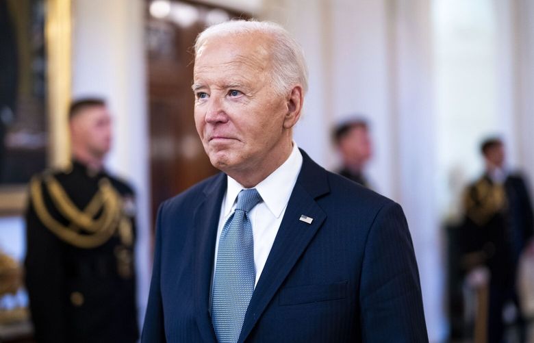 FILE – President Joe Biden arrives for a Medal of Honor ceremony in the East Room of the White House in Washington, July 3, 2024. Republicans have demanded that the government release the recording of a 2023 interview in a classified documents inquiry, arguing that it might offer evidence of Biden’s declining mental acuity. (Doug Mills/The New York Times) XNYT0360 XNYT0360