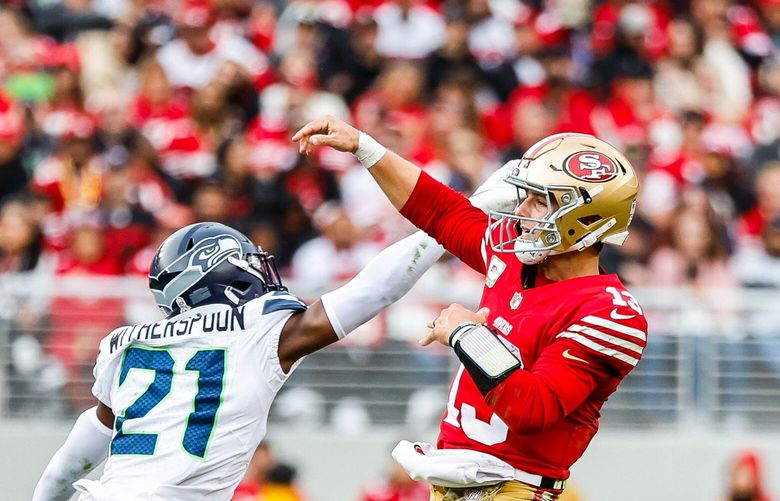 Seattle cornerback Devon Witherspoon tips the Brock Purdy pass incomplete in the fourth. The Seattle Seahawks defeated the San Francisco 49ers 20-17 in NFL Football Sunday, November 17, 2024 at Levi’s Stadium, in Santa Clara, CA.