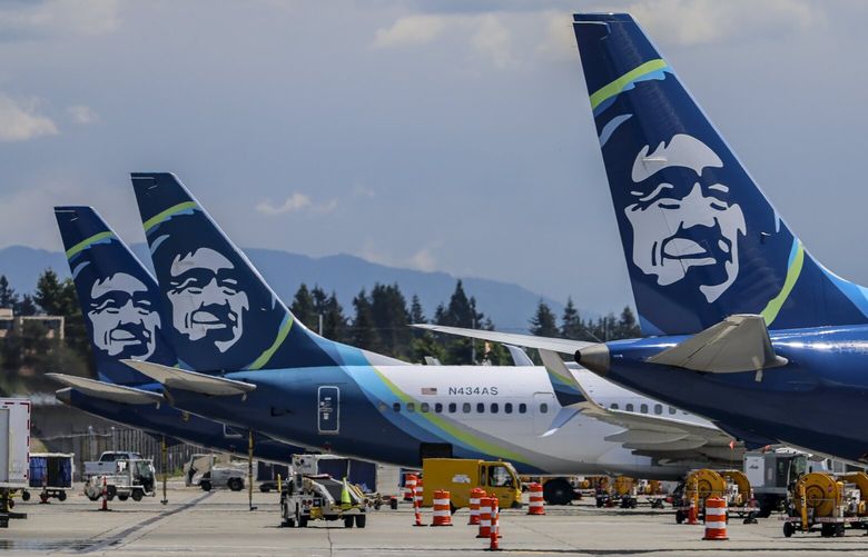 Alaska Airline planes at gate Monday afternoon at Seattle-Tacoma International Airport in SeaTac, Washington on May 12, 2025.