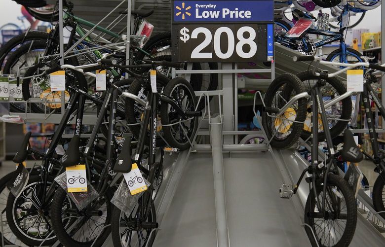 FILE – Bicycles are displayed at a Walmart, Wednesday, April 16, 2025, in Groton, Conn. (AP Photo/Julia Demaree Nikhinson, File) NYBZ502 NYBZ502