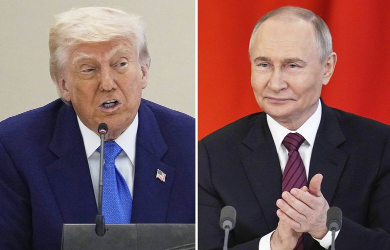 This combination photo shows President Donald Trump in a business roundtable, May 16, 2025, in Abu Dhabi, United Arab Emirates, left, and Russian President Vladimir Putin at a signing ceremony at the Kremlin in Moscow, May 10, 2025. (AP Photo) WX504 WX504