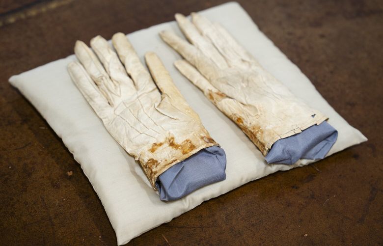 A pair of blood-stained gloves that Abraham Lincoln had when he was assassinated is on display at Freeman’s | Hindman in West Loop, Chicago, May 15, 2025. (Pat Nabong/Chicago Sun-Times via AP) ILCHS111 ILCHS111