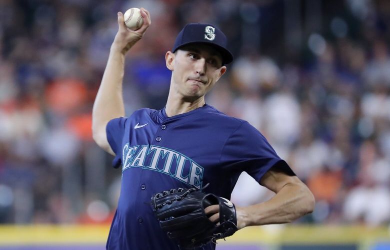 FILE – Seattle Mariners starting pitcher George Kirby throws against the Houston Astros during the first inning of a baseball game, Sept. 25, 2024, in Houston. (AP Photo/Michael Wyke, file) NYPS209 NYPS209