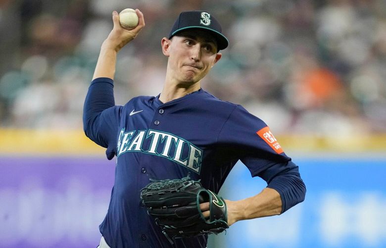 Seattle Mariners starting pitcher George Kirby throws during the first inning of a baseball game against the Houston Astros in Houston, Thursday, May 22, 2025. TXAL105